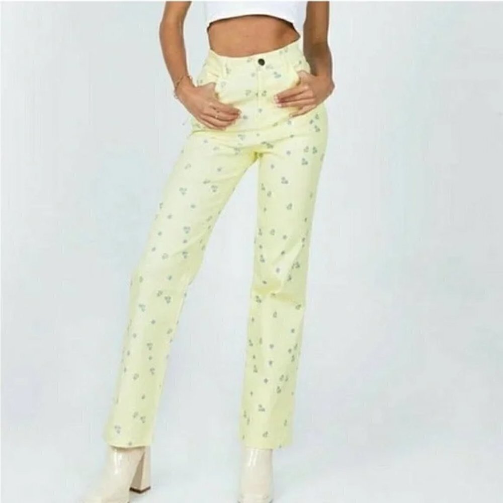 Princess Polly Yellow Floral Jeans, Size 2